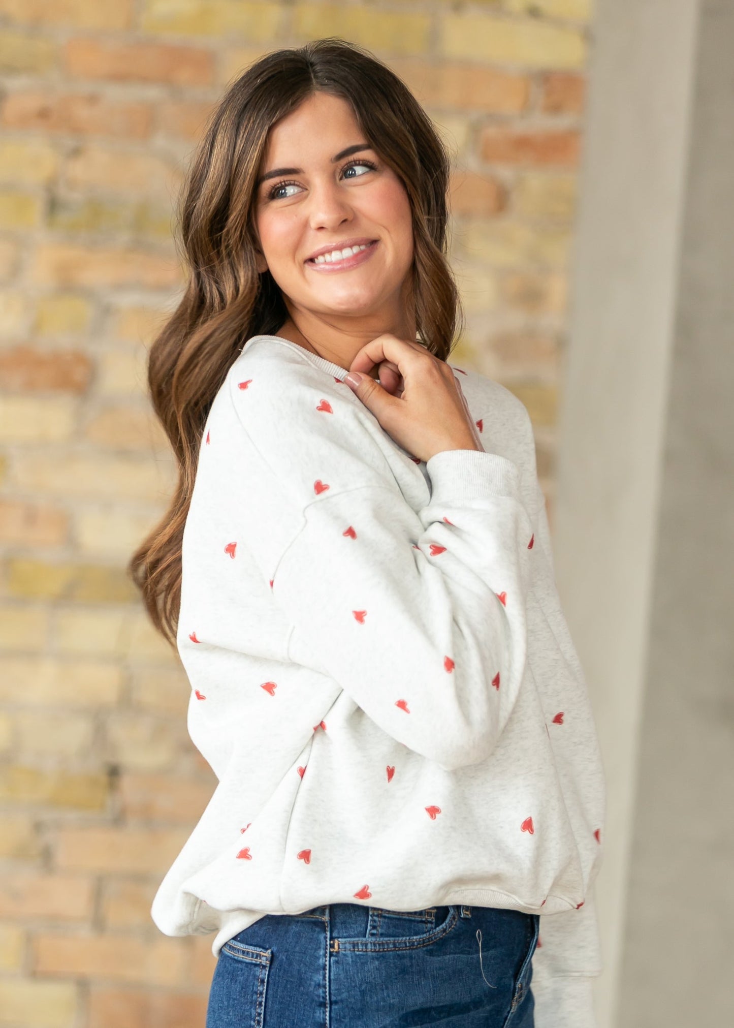 Crew Neck Heart Print Pullover FF Tops