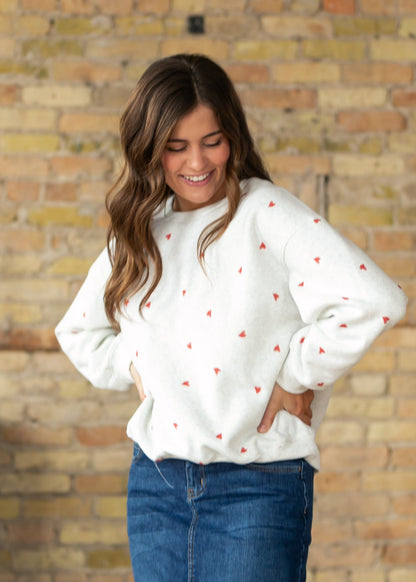 Crew Neck Heart Print Pullover FF Tops