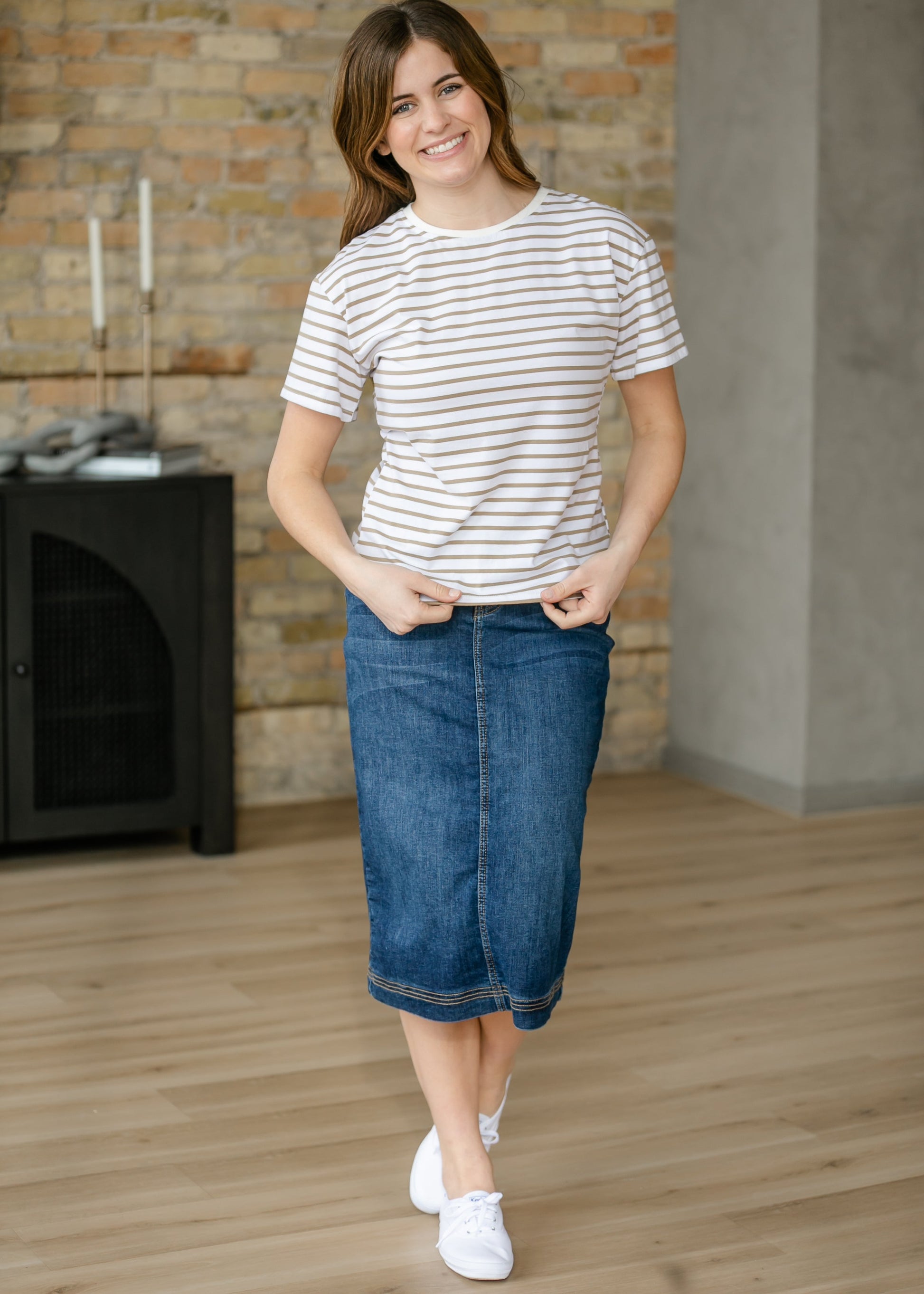 Crew Taupe Striped Basic T-Shirt IC Tops