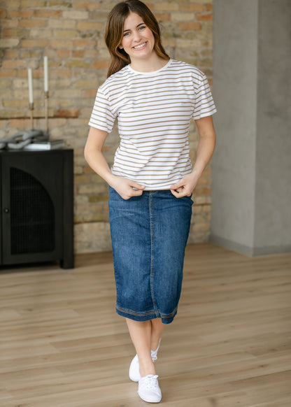 Crew Taupe Striped Basic T-Shirt IC Tops