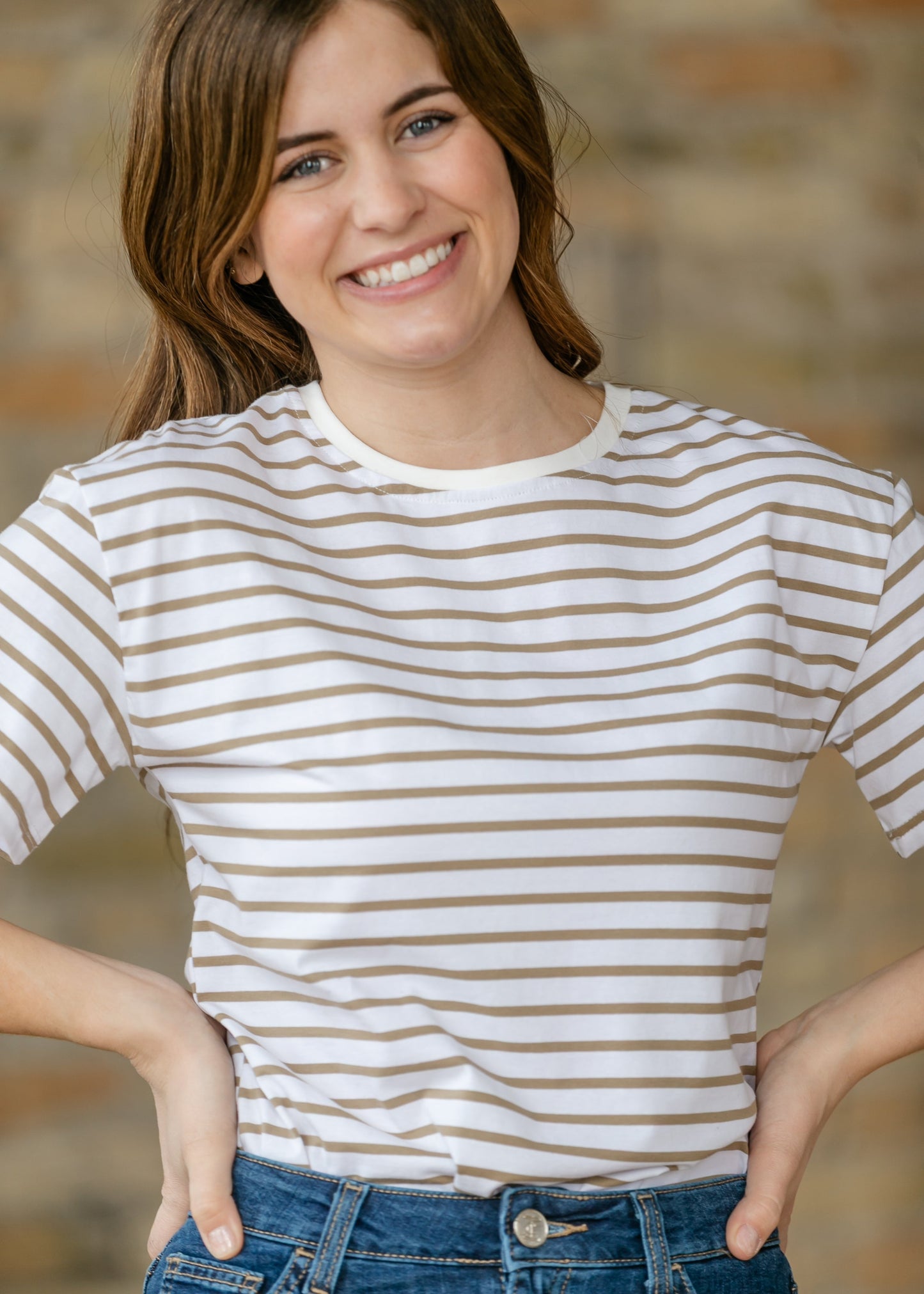 Crew Taupe Striped Basic T-Shirt IC Tops