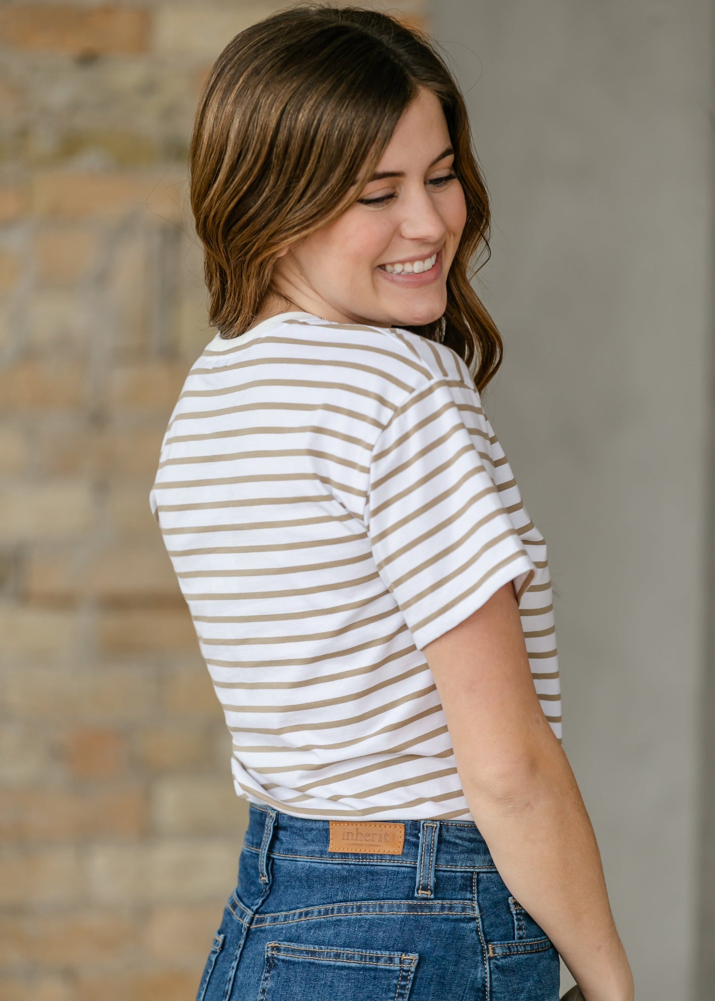 Crew Taupe Striped Basic T-Shirt IC Tops