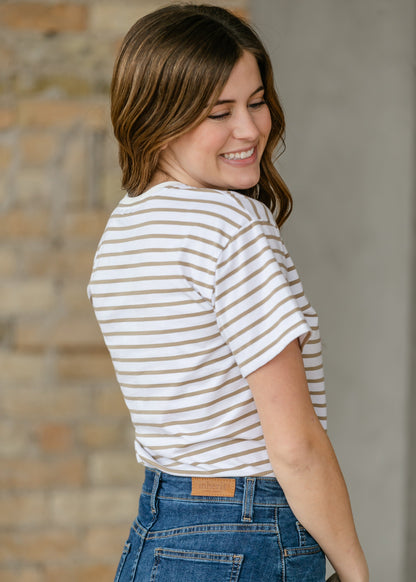 Crew Taupe Striped Basic T-Shirt IC Tops