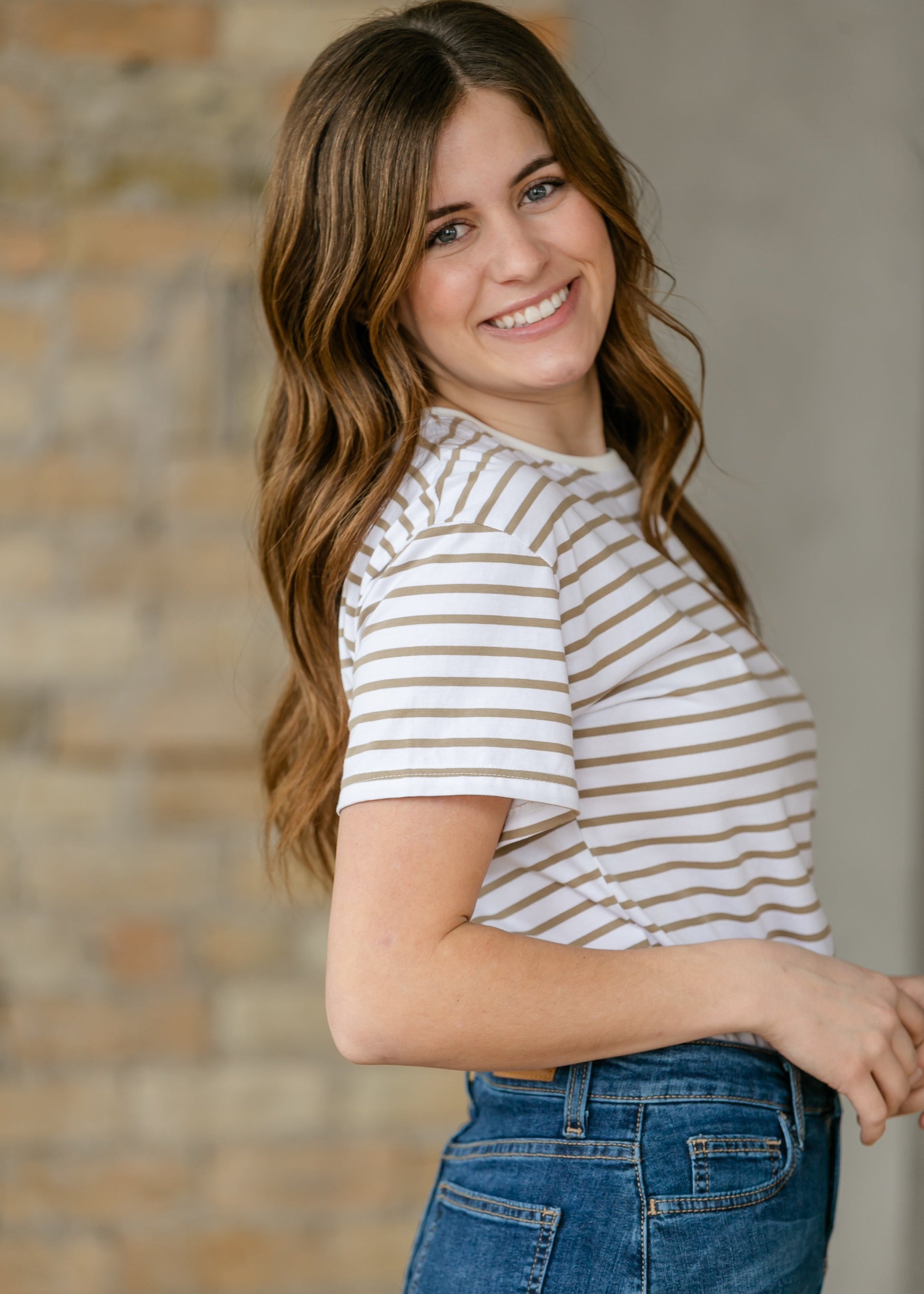 Crew Taupe Striped Basic T-Shirt IC Tops