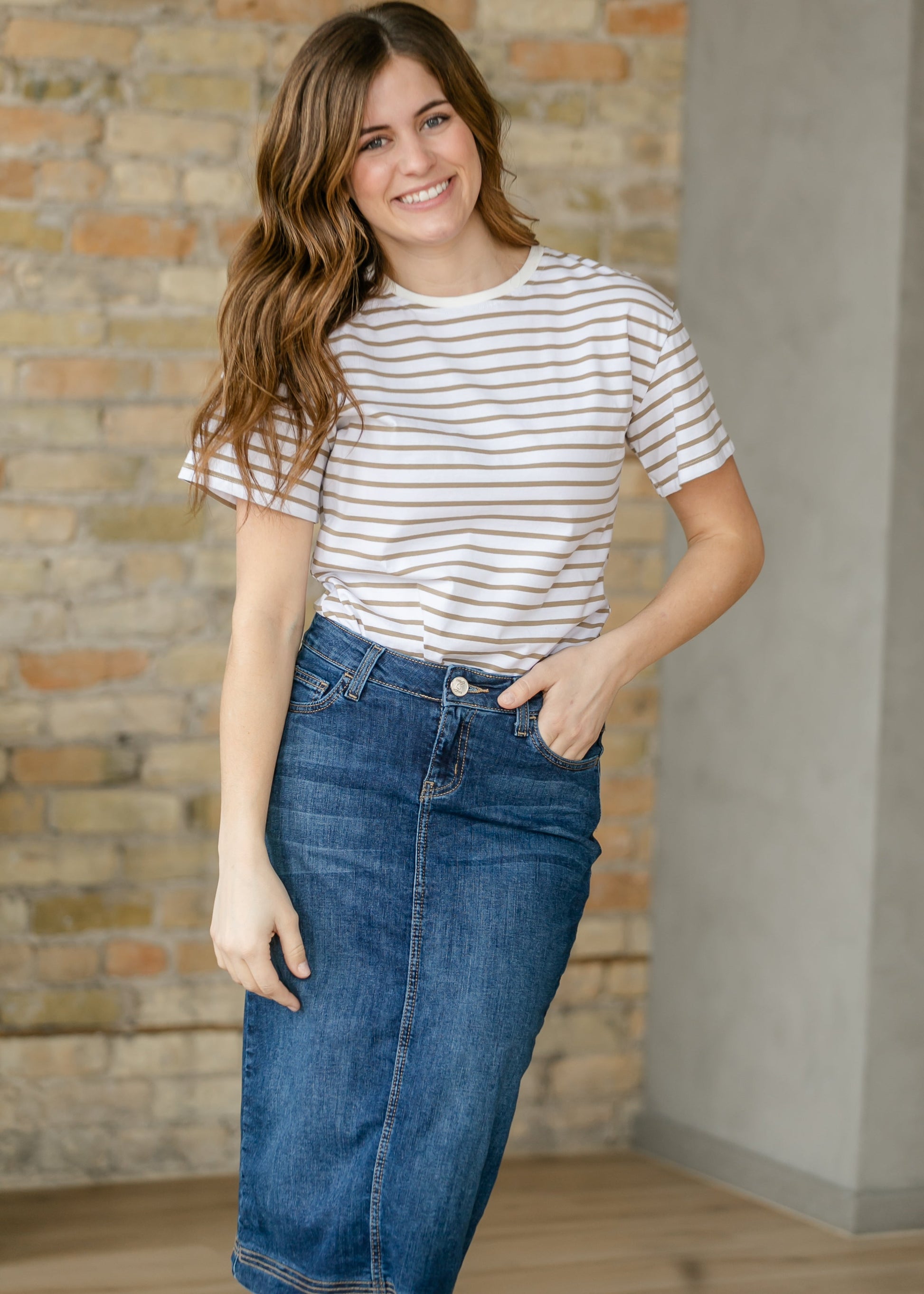 Crew Taupe Striped Basic T-Shirt IC Tops