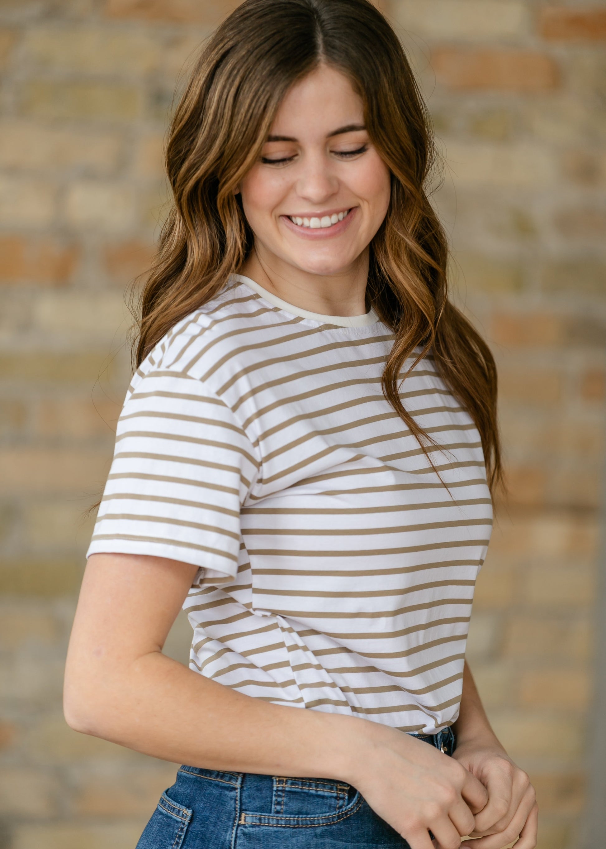 Crew Taupe Striped Basic T-Shirt IC Tops