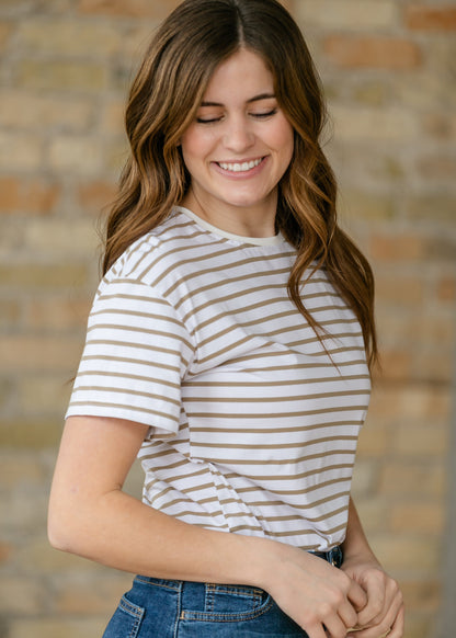Crew Taupe Striped Basic T-Shirt IC Tops
