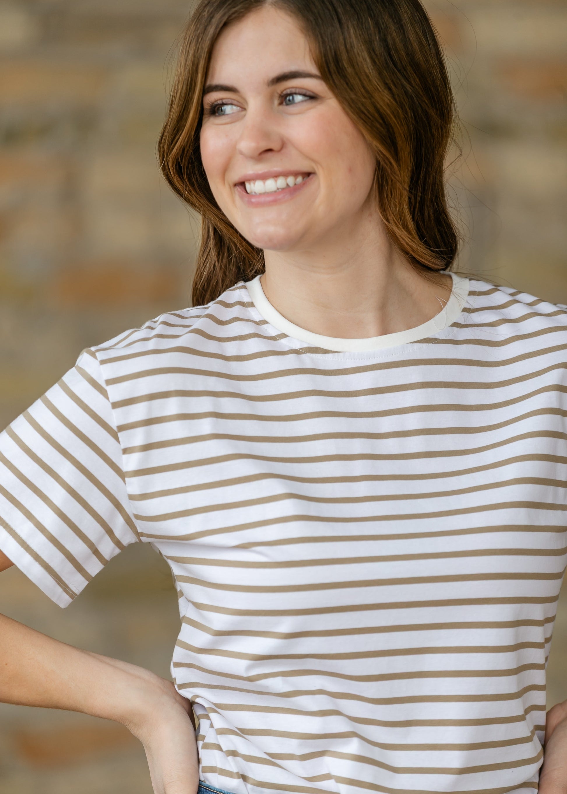 Crew Taupe Striped Basic T-Shirt IC Tops