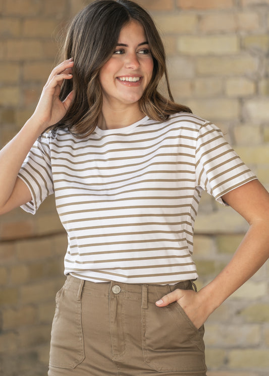 Crew Taupe Striped Relaxed Basic T Shirt IC Tops