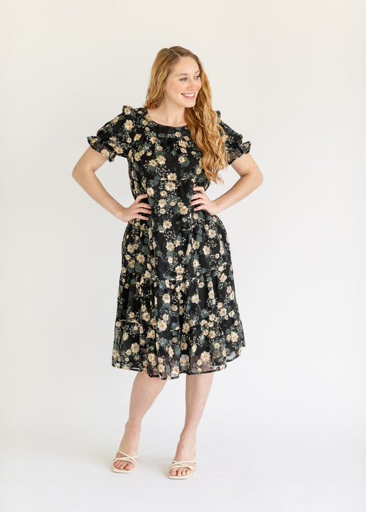Crewneck Floral Tiered Midi Dress FF Dresses