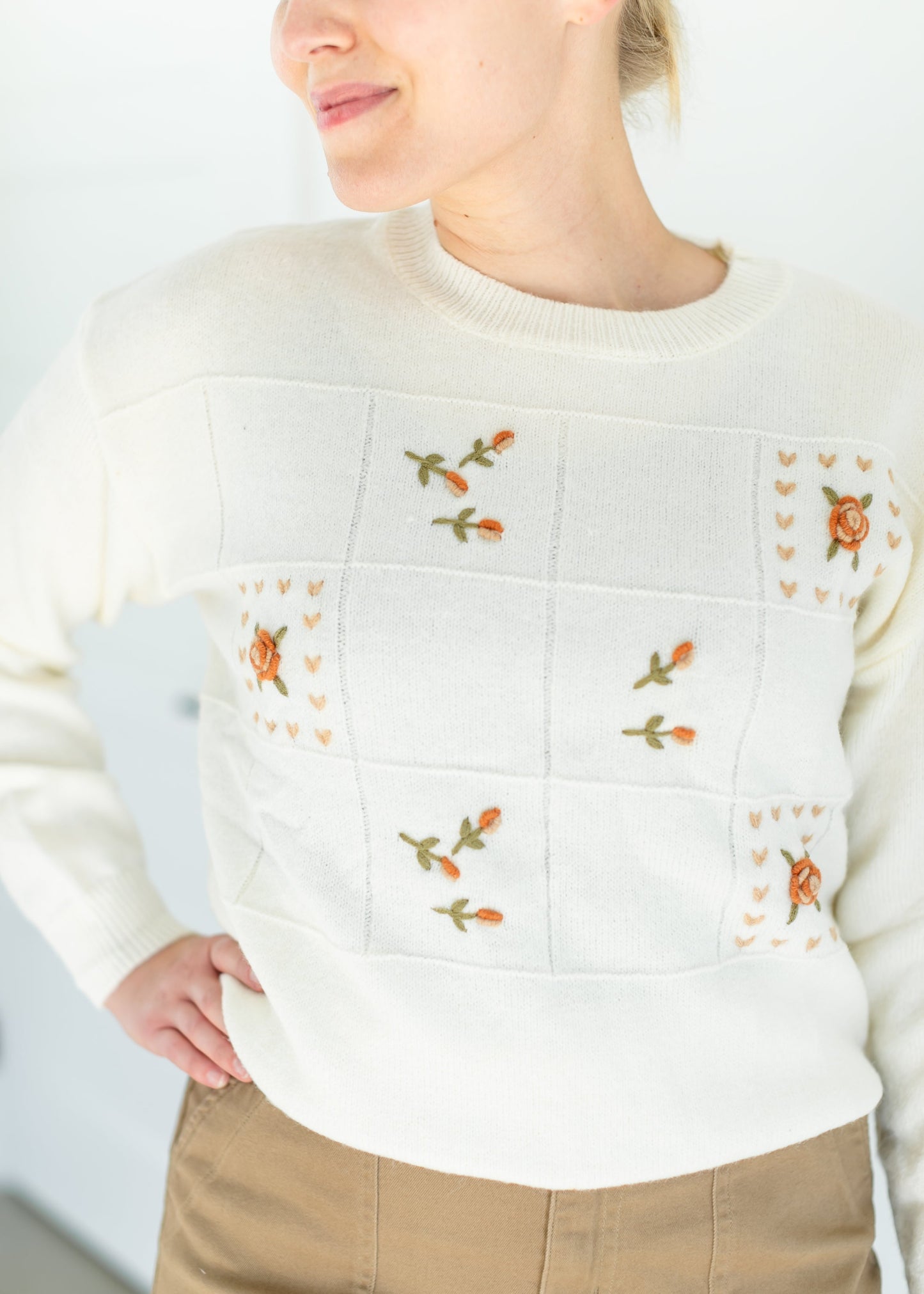 Crewneck Floral WIndowpane Sweater FF Tops