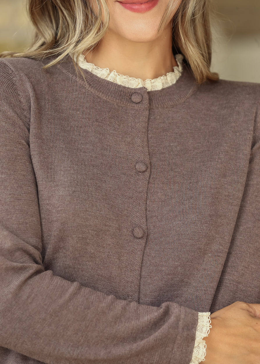 Crewneck Ruffle Hem Brown Cardigan FF Tops