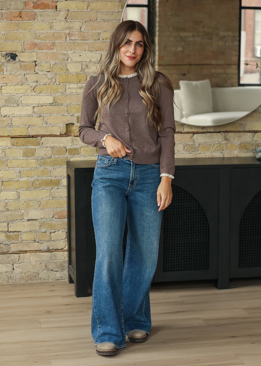 Crewneck Ruffle Hem Brown Cardigan FF Tops
