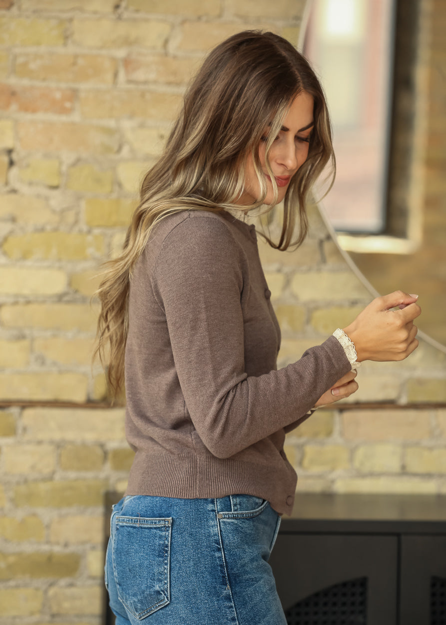 Crewneck Ruffle Hem Brown Cardigan FF Tops
