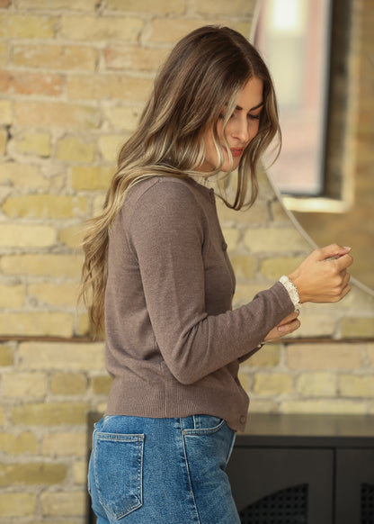 Crewneck Ruffle Hem Brown Cardigan FF Tops