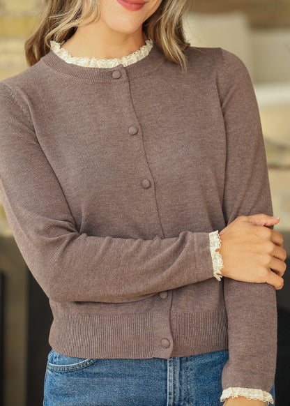 Crewneck Ruffle Hem Brown Cardigan FF Tops S