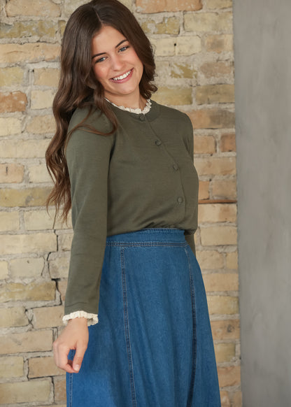 Crewneck Ruffle Hem Winter Forest Cardigan FF Tops