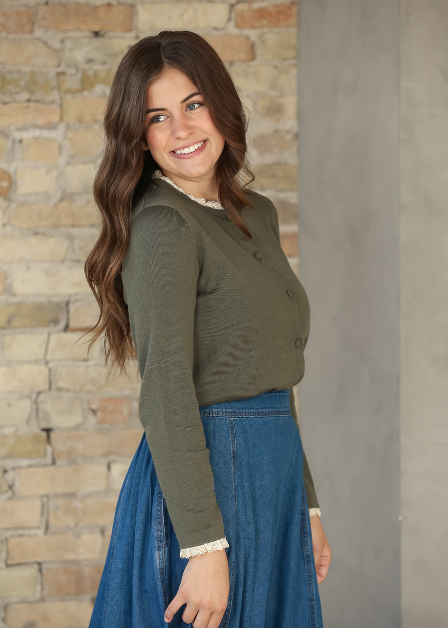 Crewneck Ruffle Hem Winter Forest Cardigan FF Tops