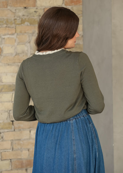 Crewneck Ruffle Hem Winter Forest Cardigan FF Tops