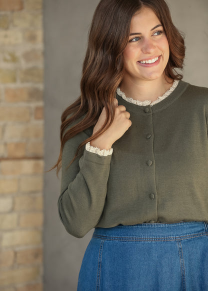 Crewneck Ruffle Hem Winter Forest Cardigan FF Tops