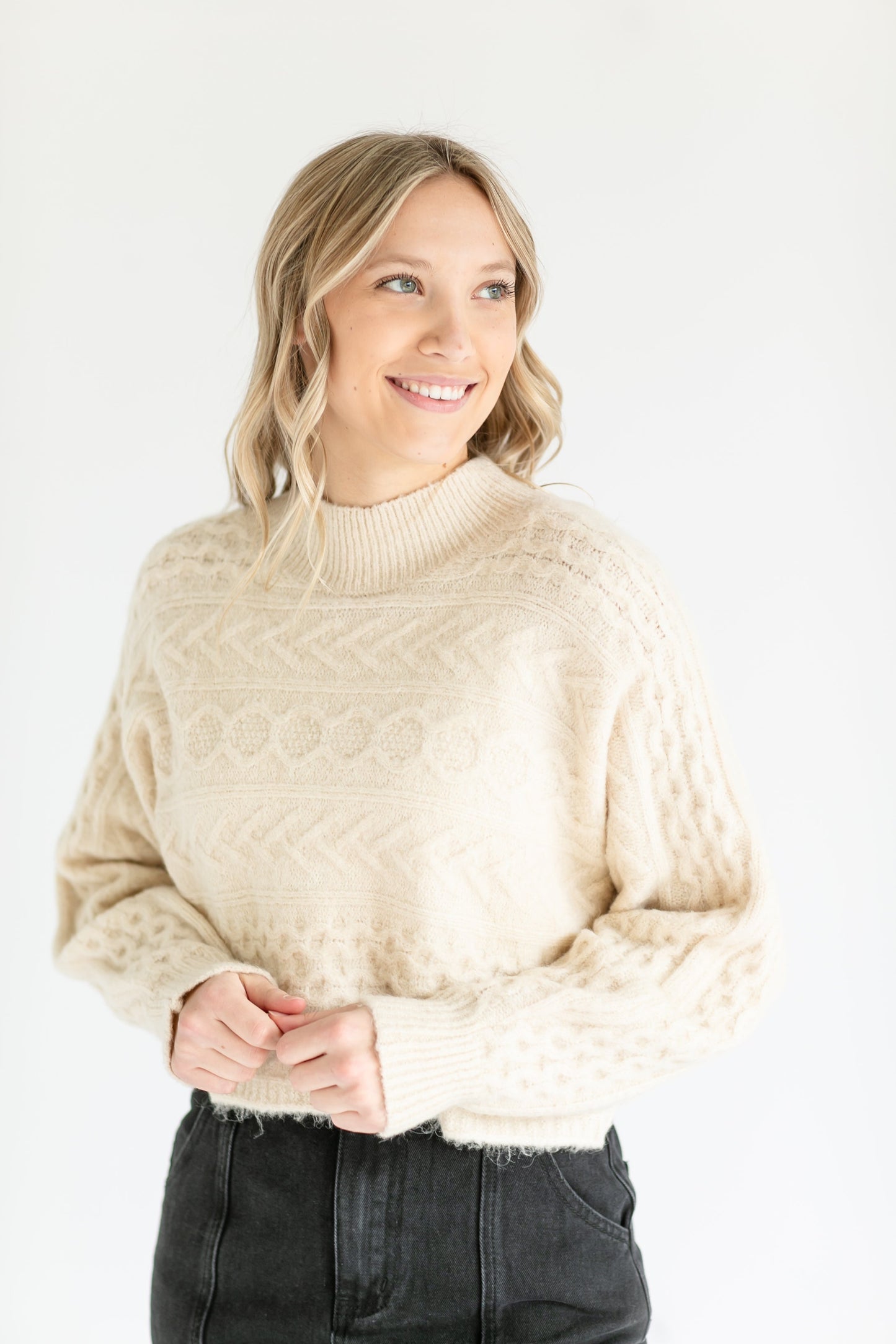 Crewneck Textured Cream Sweater FF Tops