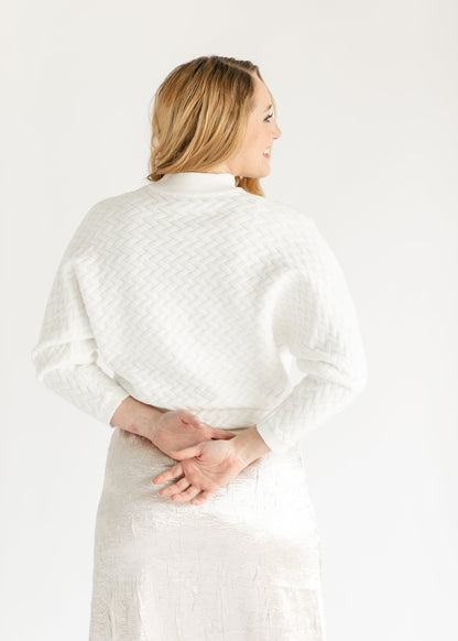 Crewneck Textured White Sweater FF Tops