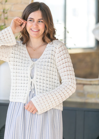 Crochet Double Bow V-Neck Sweater FF Tops