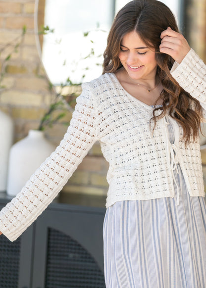 Crochet Double Bow V-Neck Sweater FF Tops