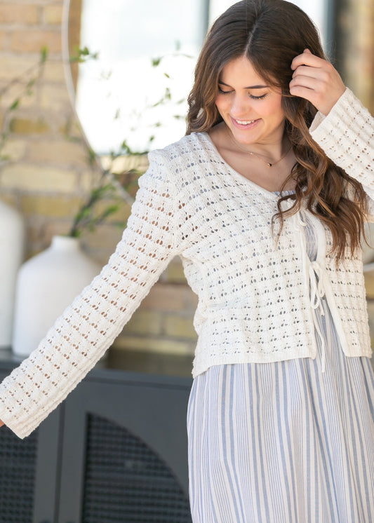 Crochet Double Bow V-Neck Sweater FF Tops