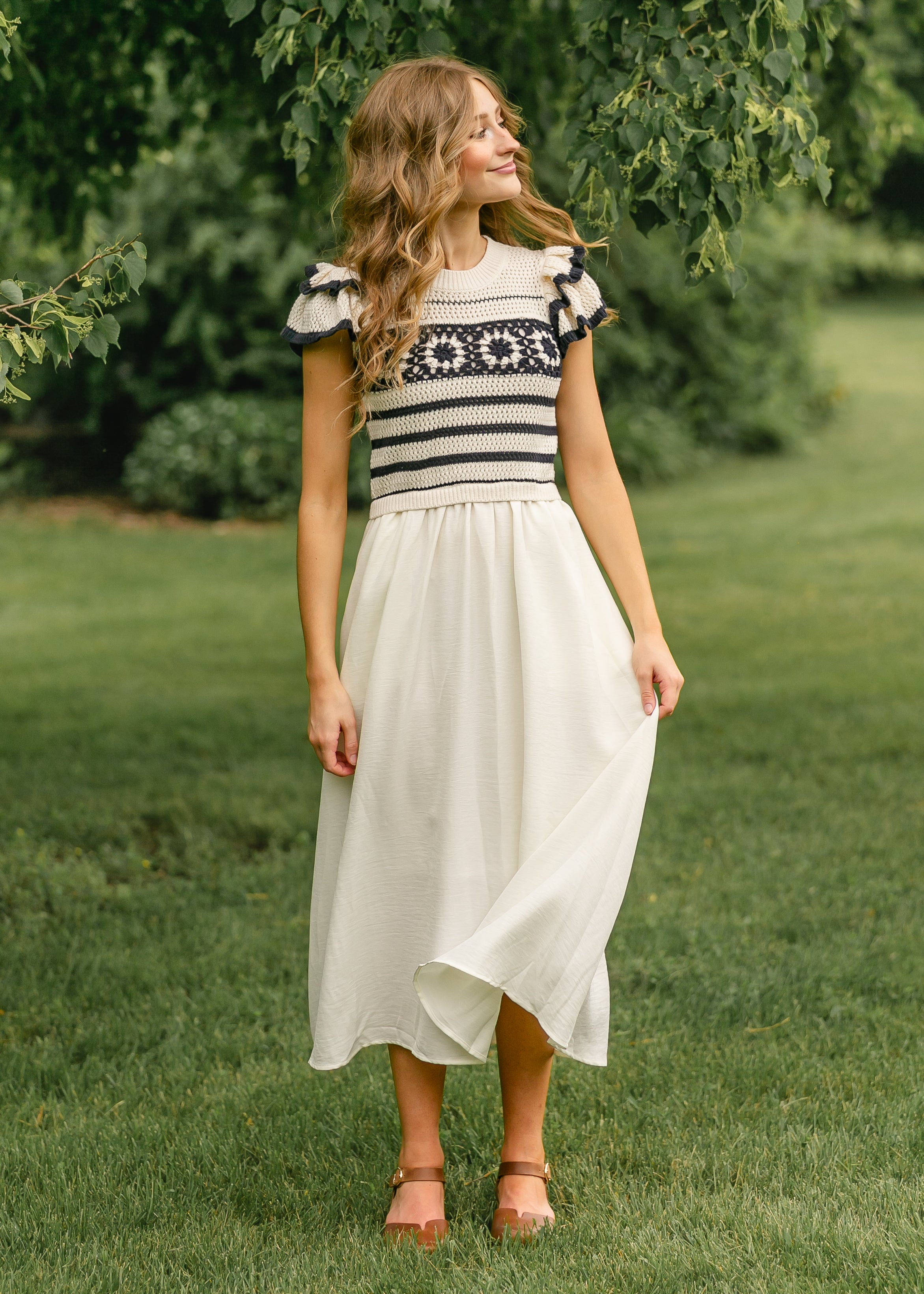 Crochet Short Sleeve Midi Dress S