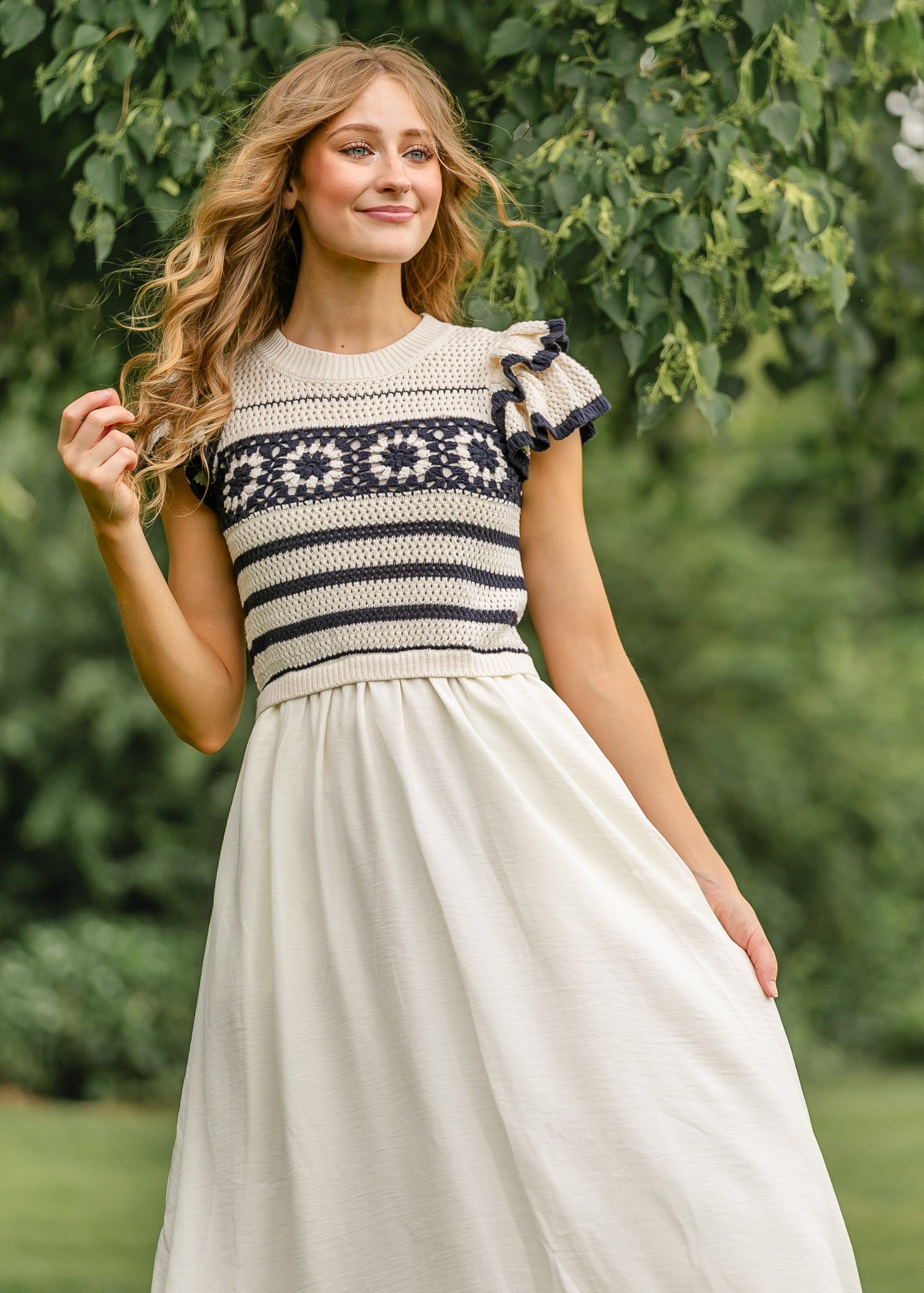 Crochet Short Sleeve Midi Dress S Crochet Short Sleeve Midi Dress S