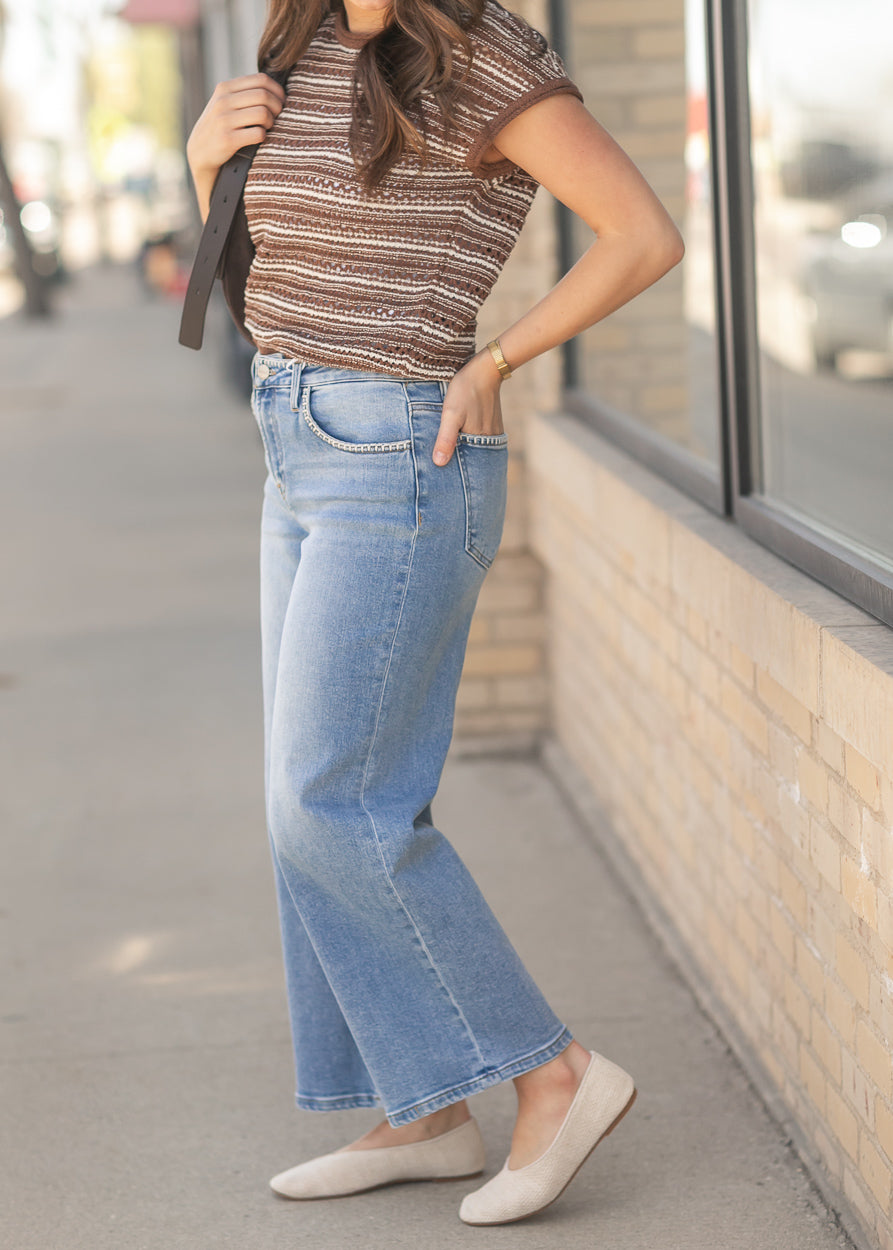 Cropped High Rise Embroidered Jeans FF Pants