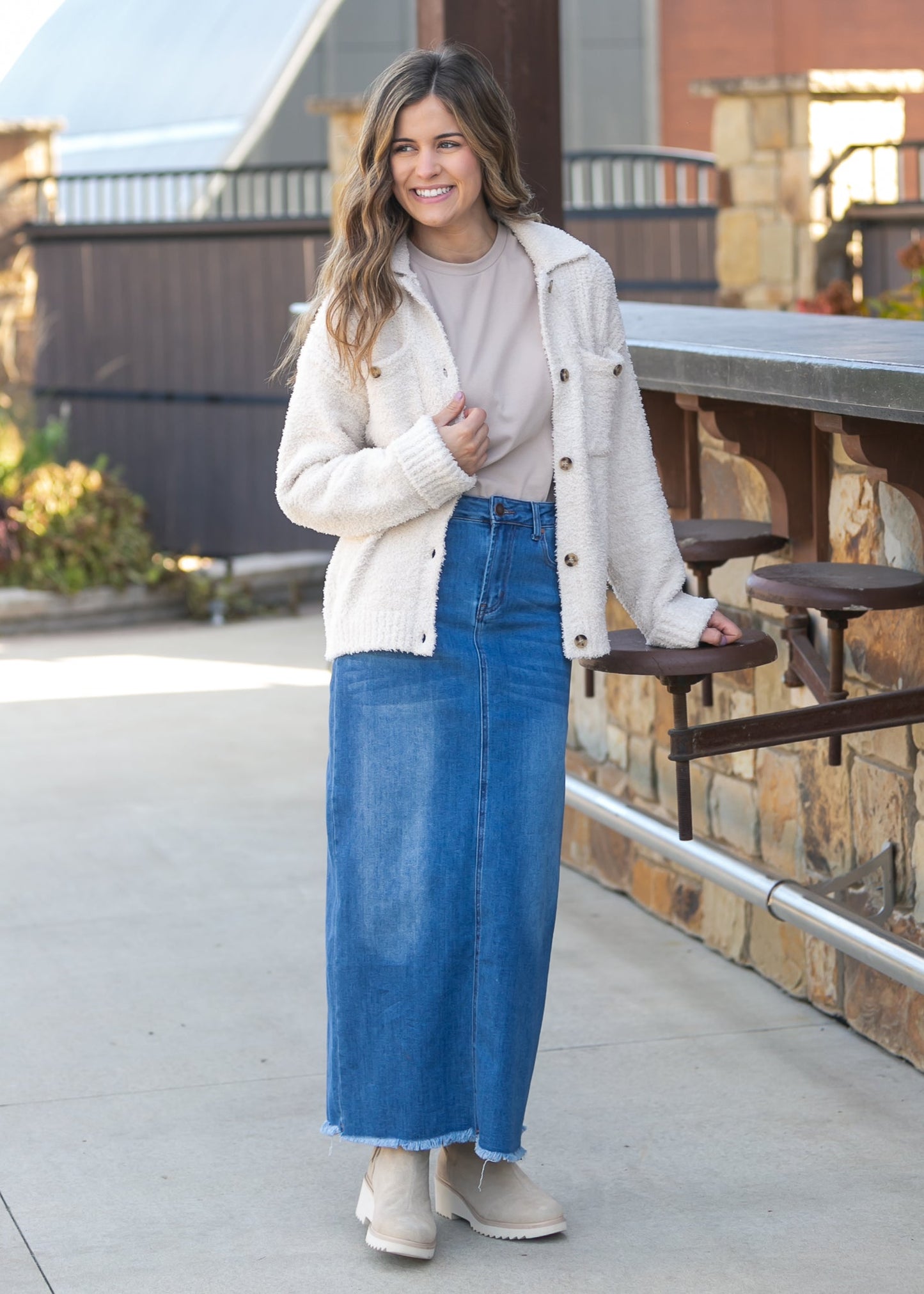 Dakotah Raw Hem Long Denim Skirt IC Skirts