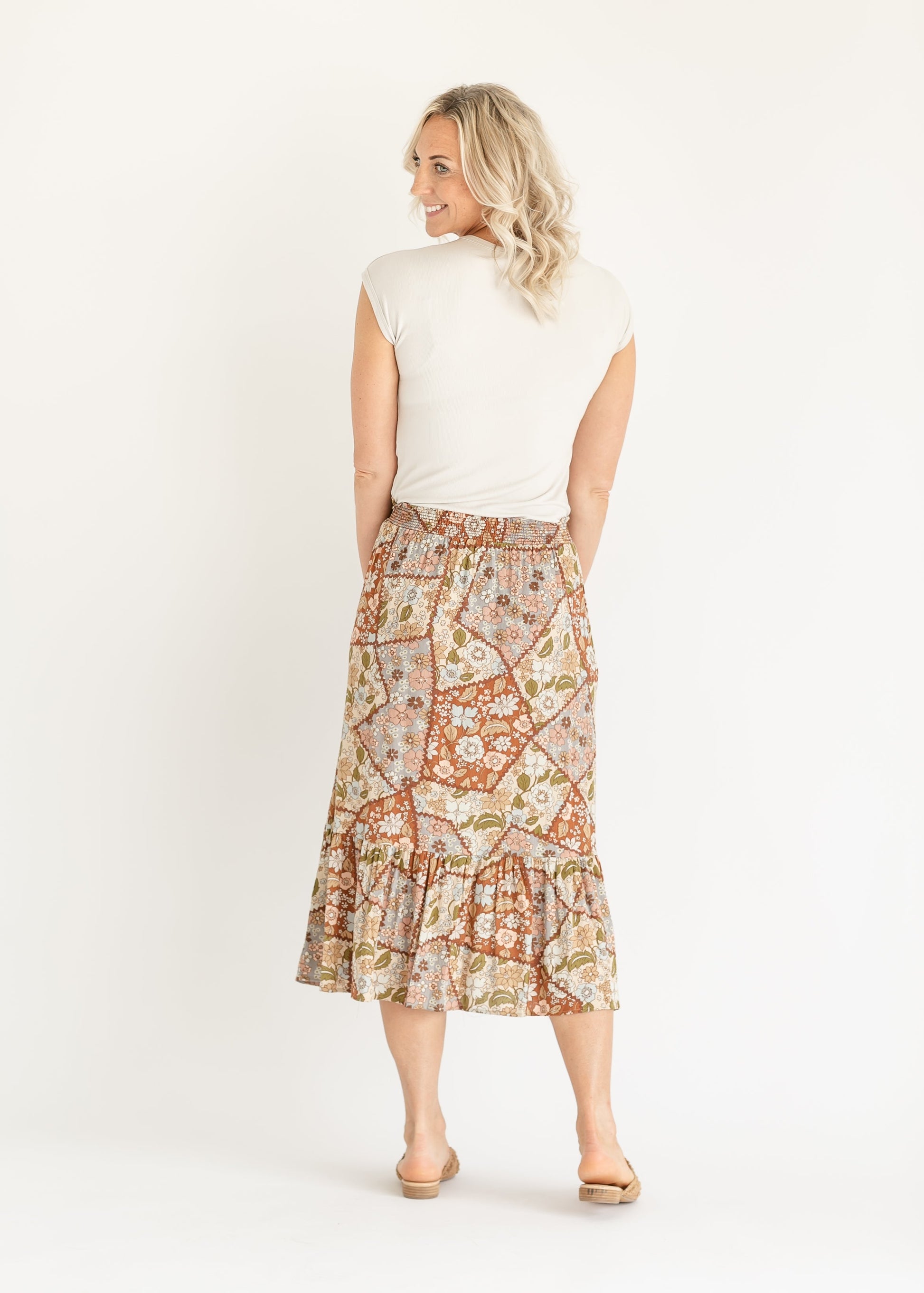 Daphne Patchwork Floral Ruffle Maxi Skirt FF Skirts
