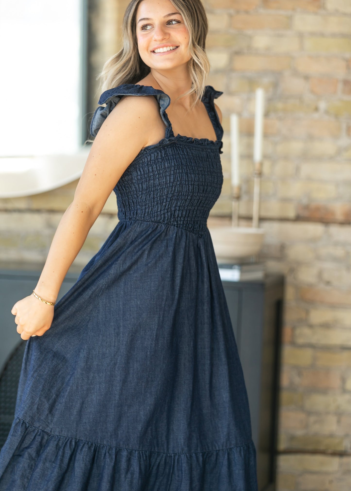 Dark Denim Ruffle Strap Maxi Dress FF Dresses