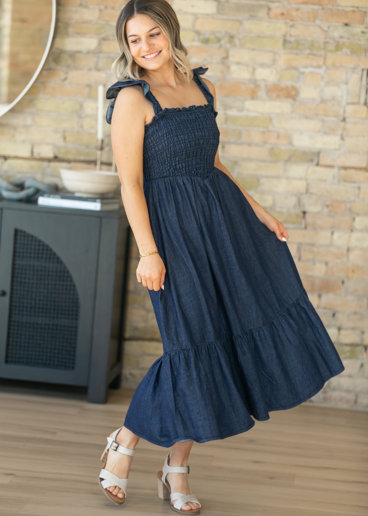 Dark Denim Ruffle Strap Maxi Dress FF Dresses