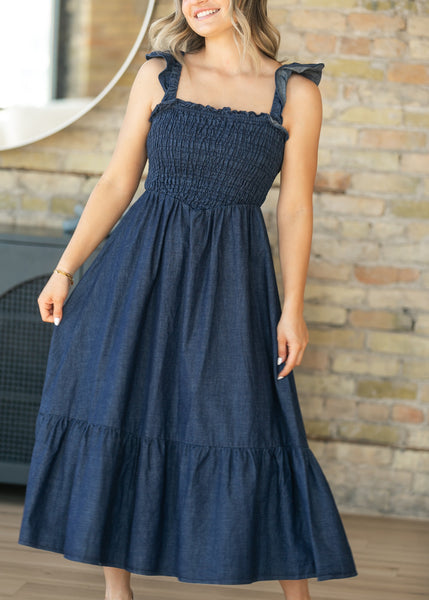 Dark Denim Ruffle Strap Maxi Dress S