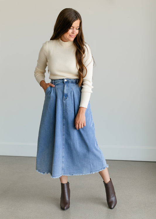 Denim A-line Raw Hem Maxi Skirt FF Skirts