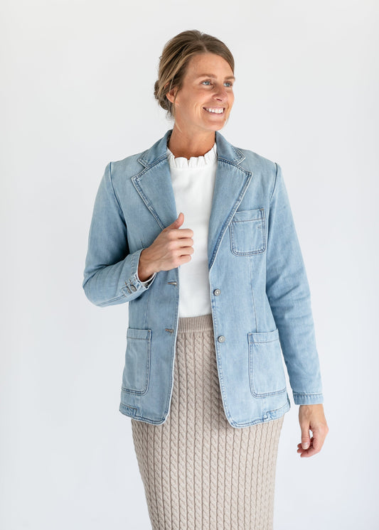 Denim Blazer Button Up Jacket FF Tops