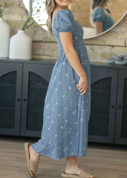 Denim Embroidered Smocked Maxi Dress FF Dresses