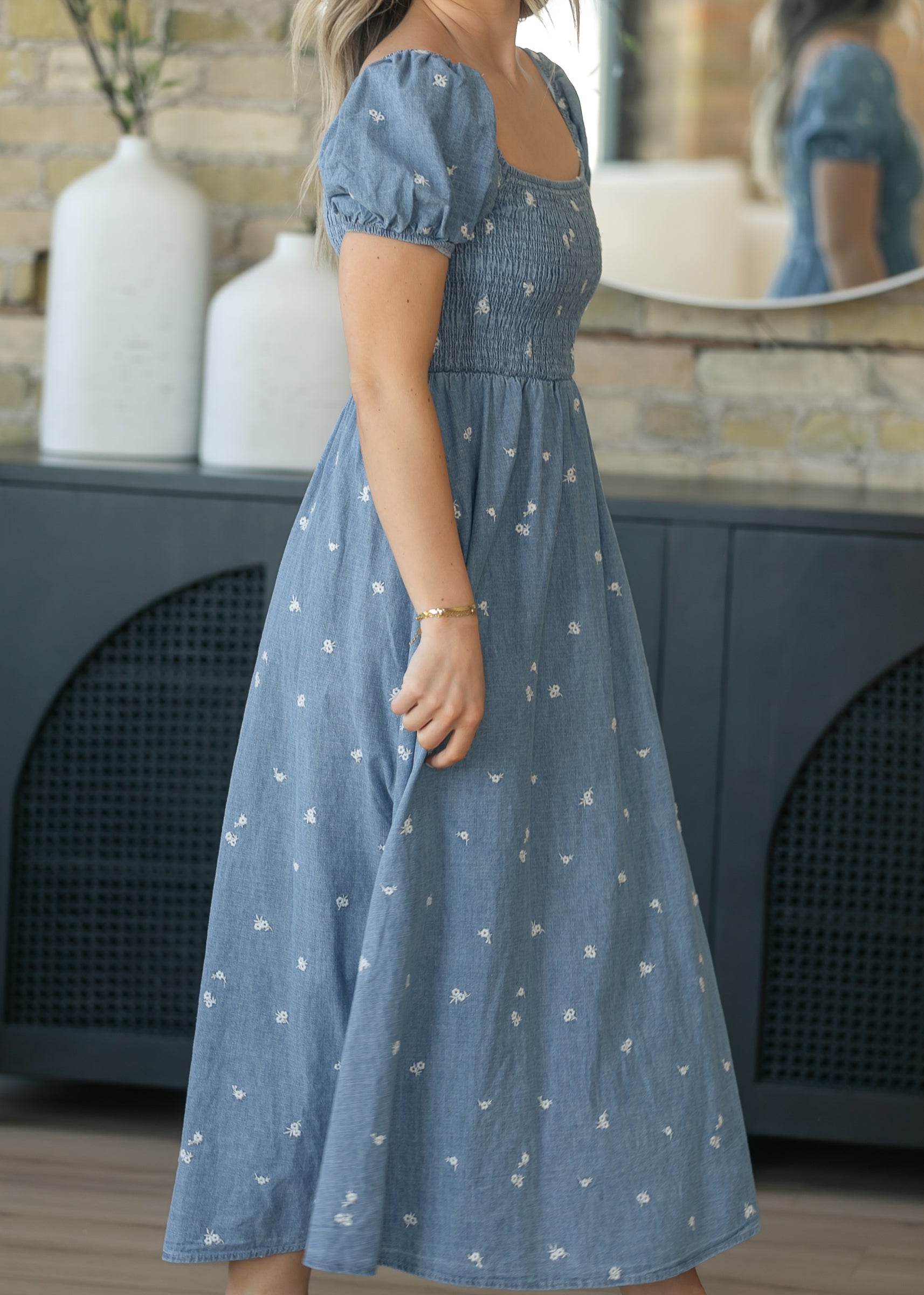Denim Embroidered Smocked Maxi Dress FF Dresses