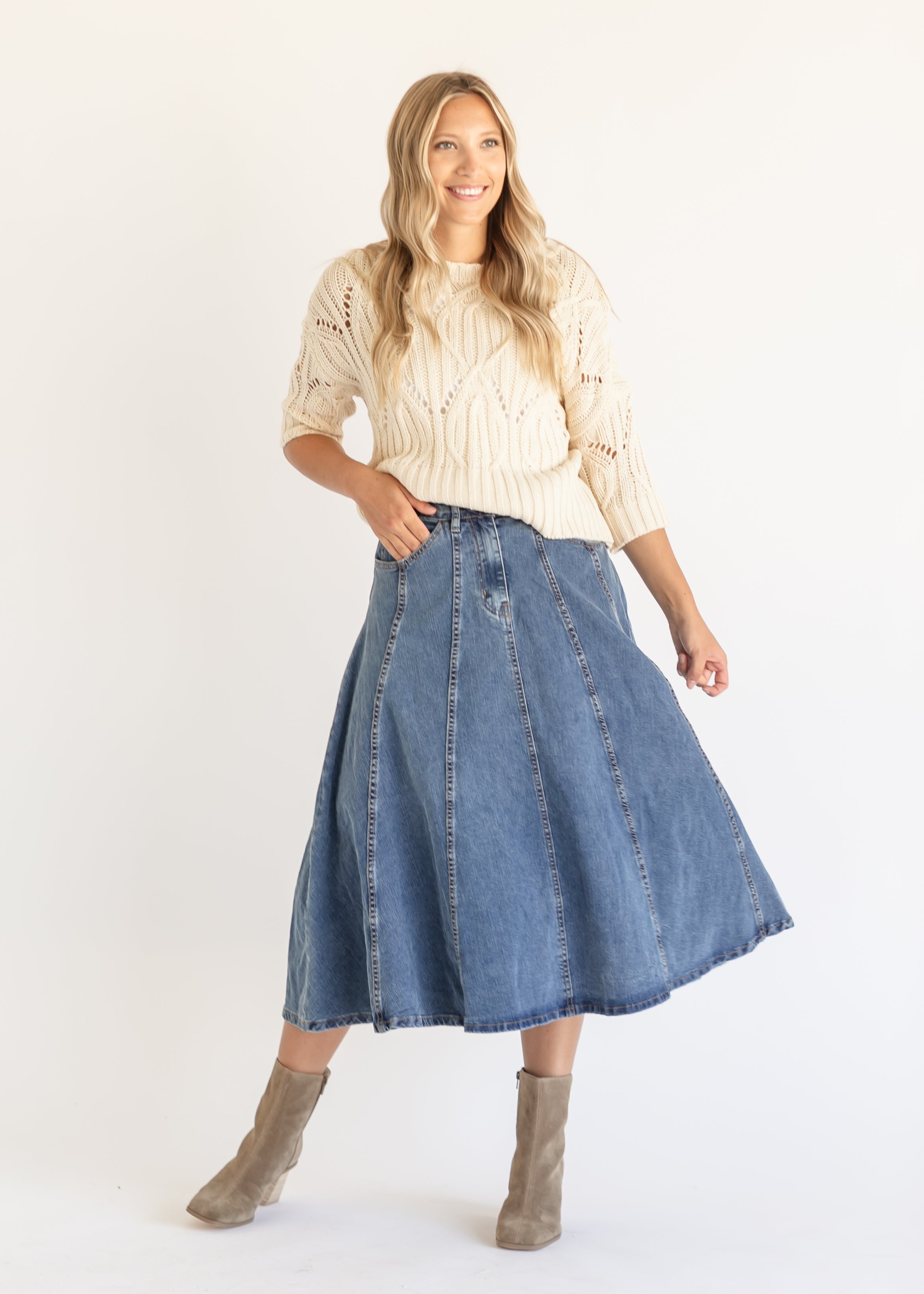 Denim midi skirt flared deals