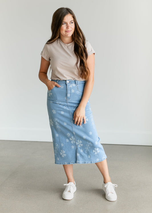 Denim Floral Midi Skirt FF Skirts