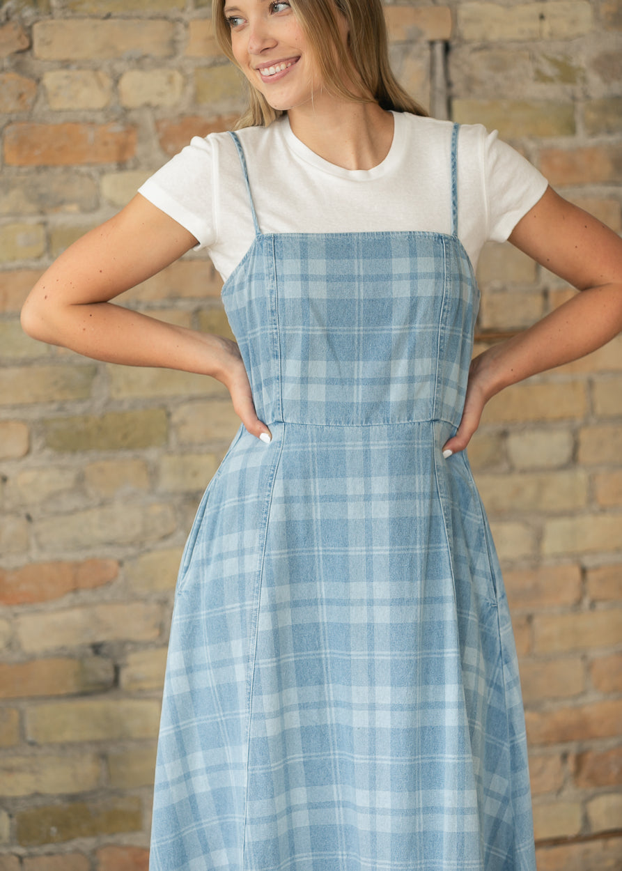 Denim Plaid Sleeveless Maxi Dress FF Dresses