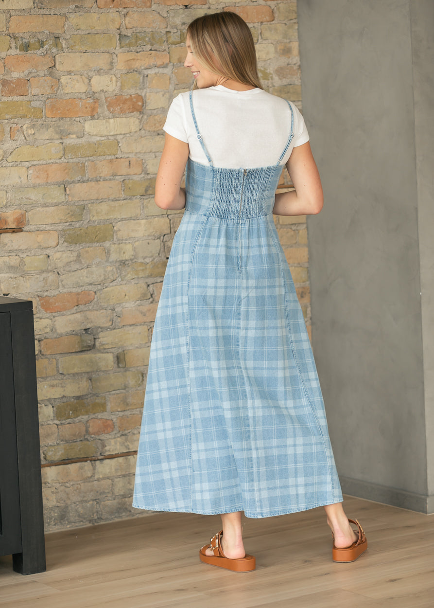 Denim Plaid Sleeveless Maxi Dress, Medium