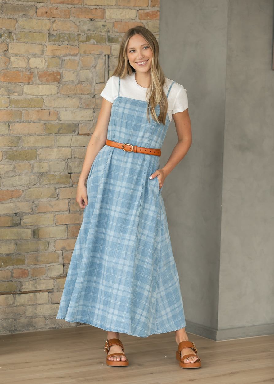 Denim Plaid Sleeveless Maxi Dress FF Dresses