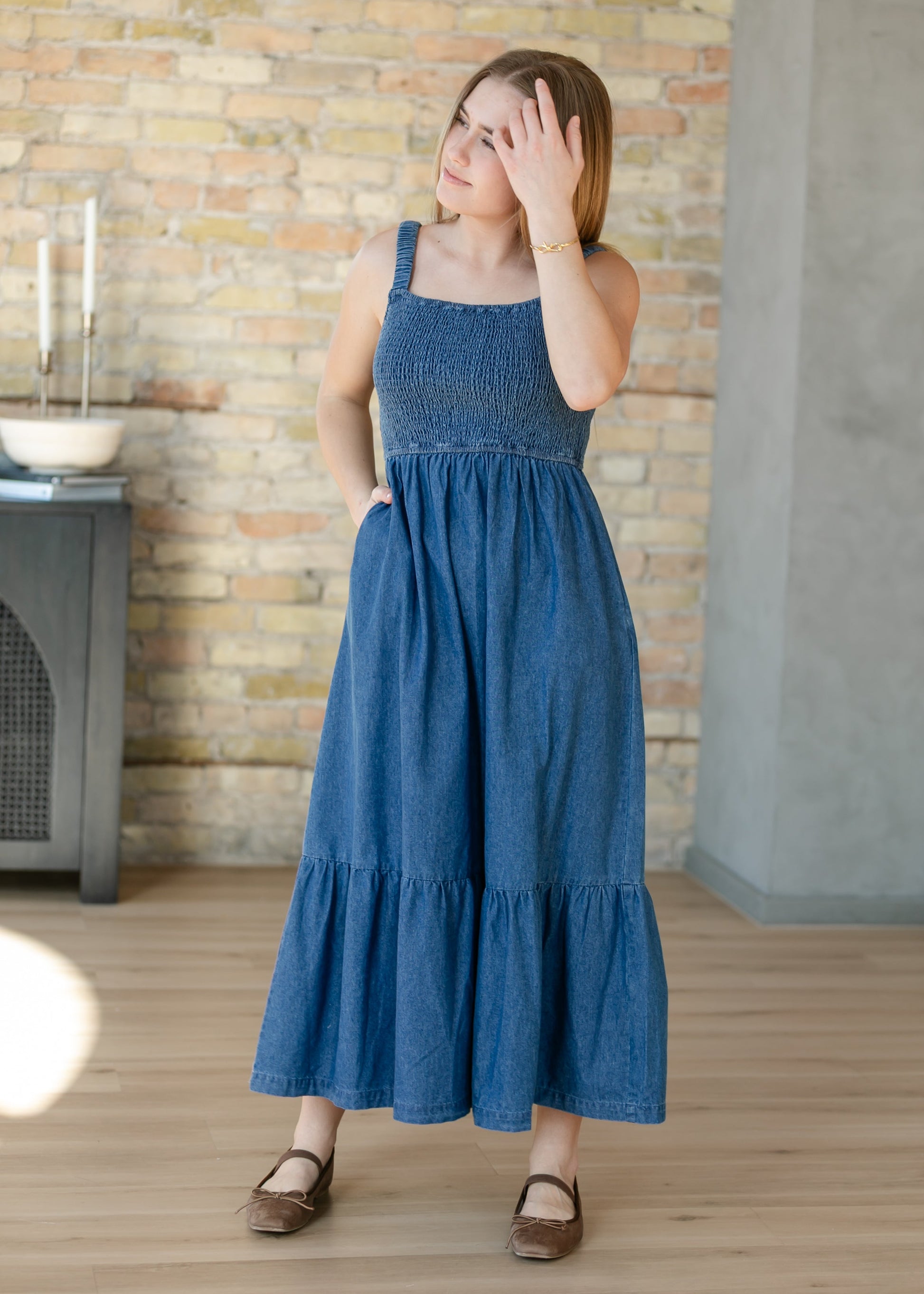 Denim Smocked Tank Maxi Dress