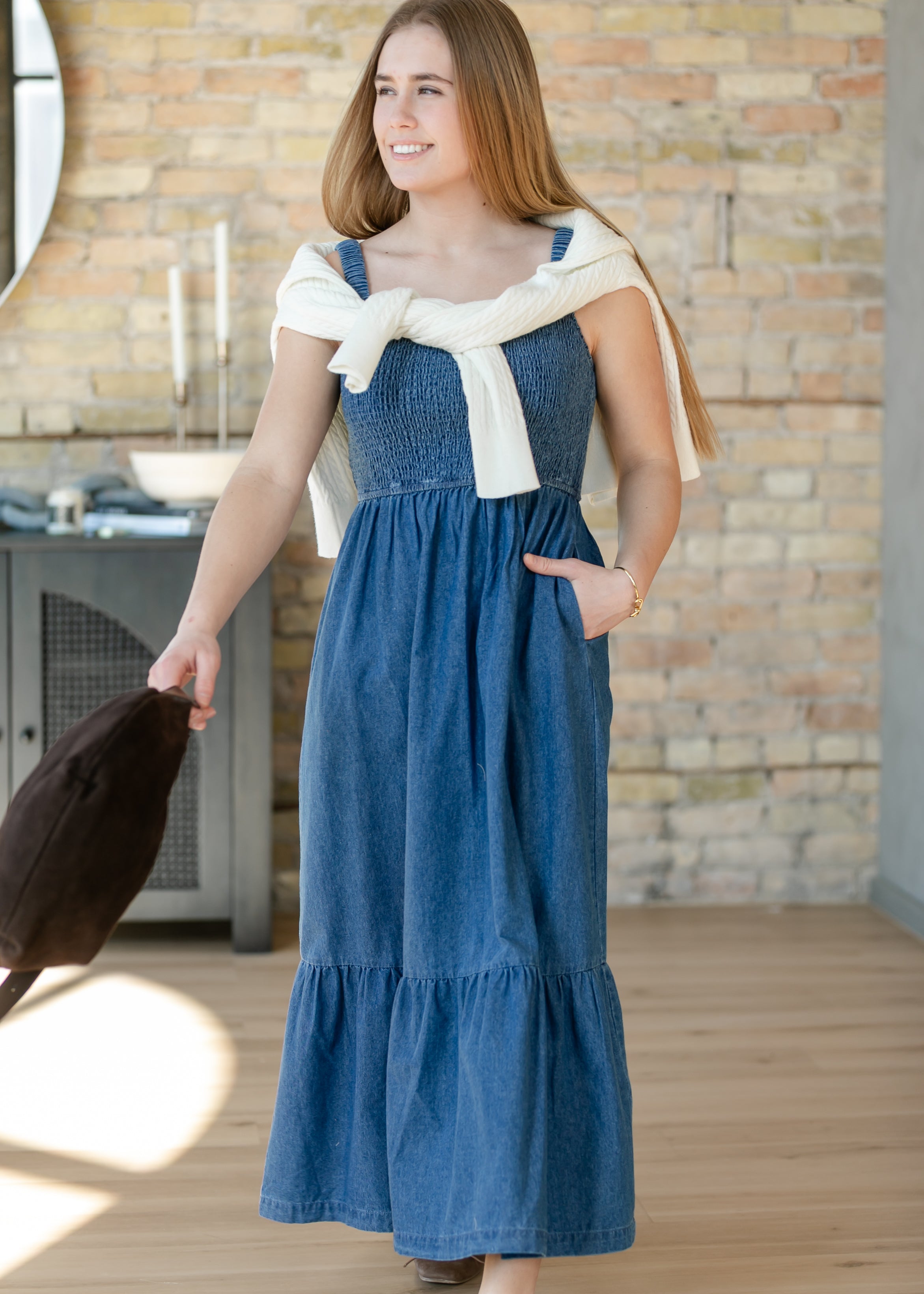 Denim Smocked Tank Maxi Dress