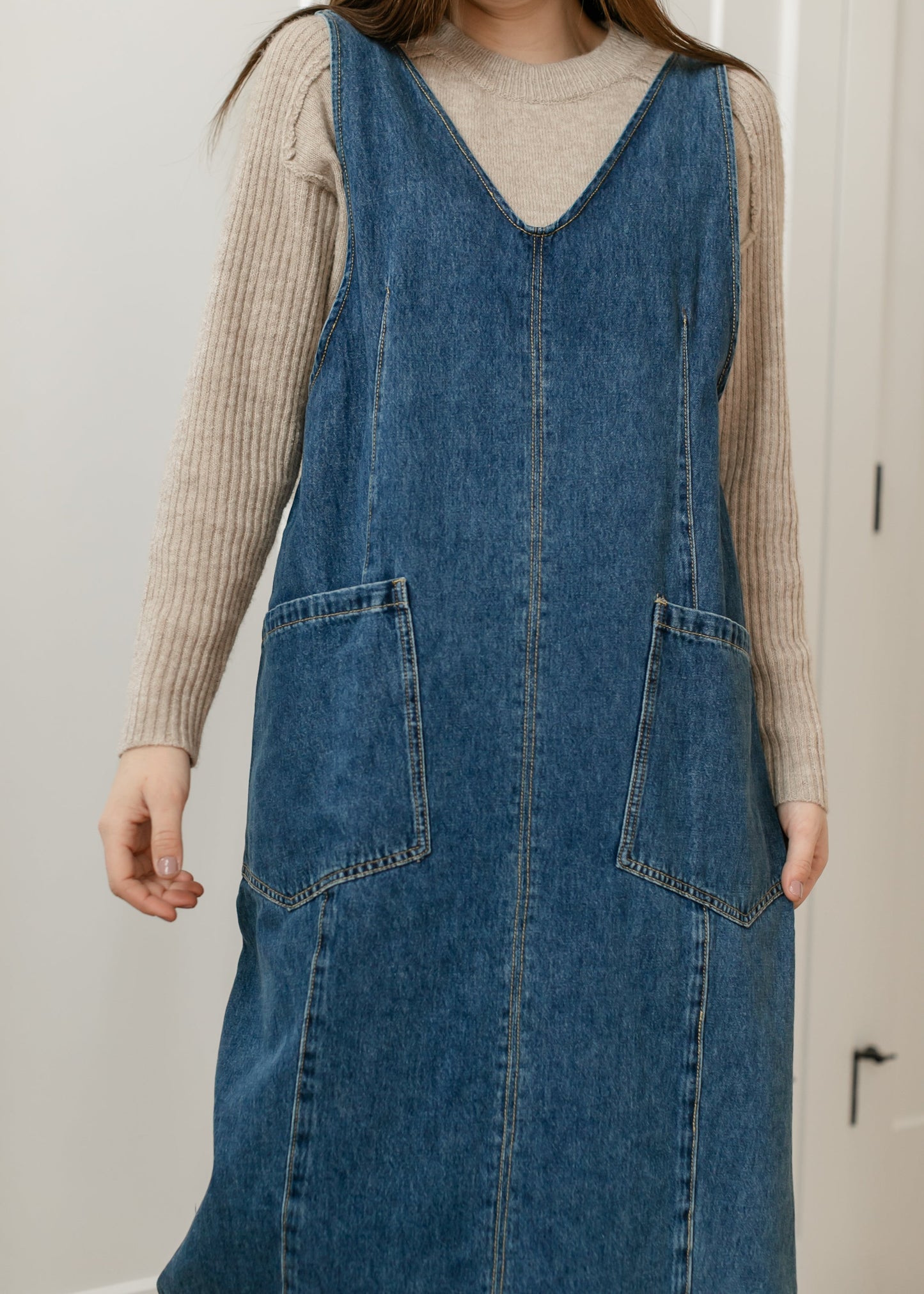 Denim V-neck Overall Midi Dress FF Dresses