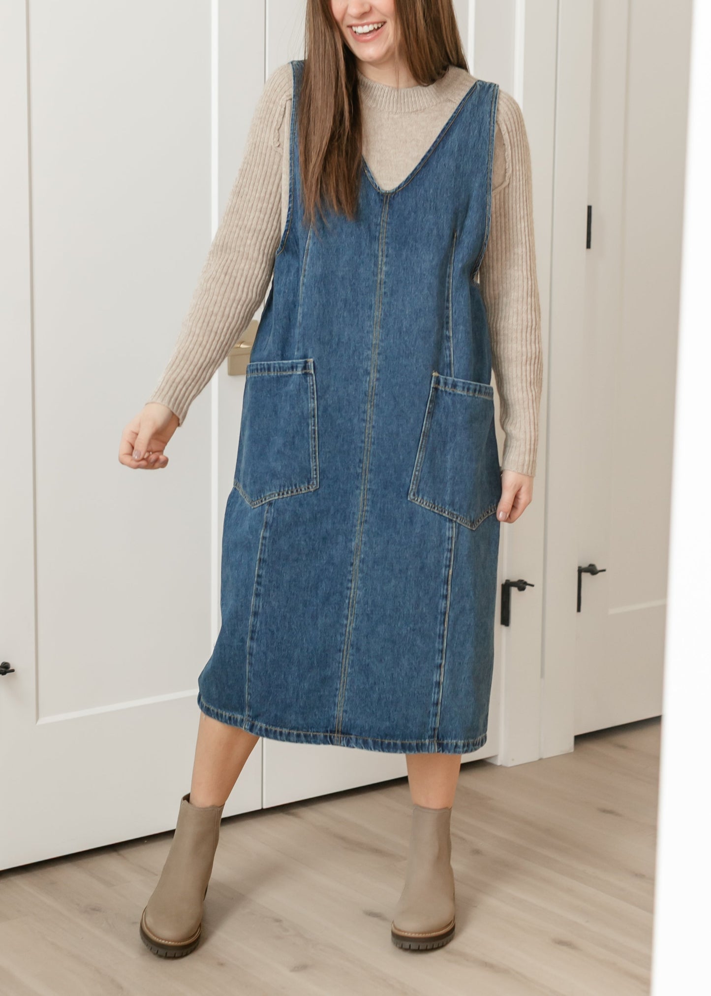 Denim V-neck Overall Midi Dress FF Dresses